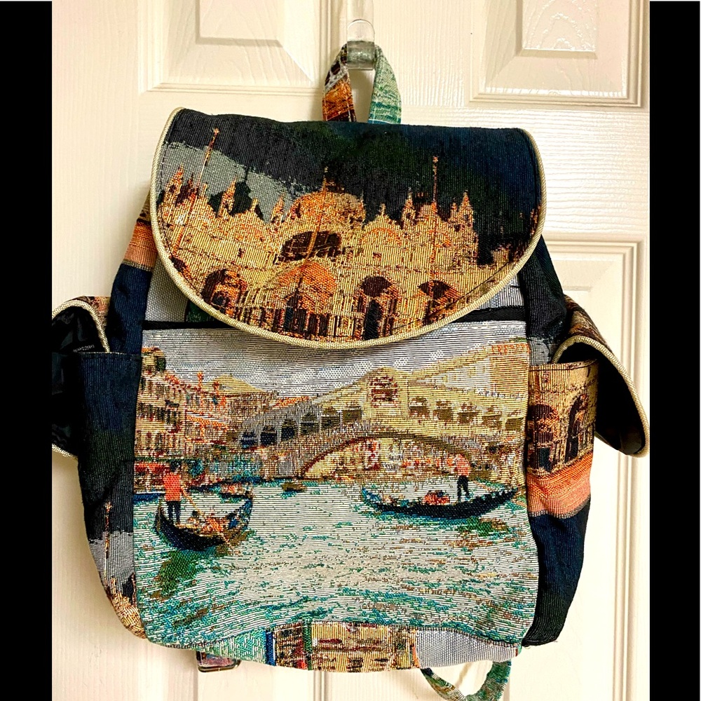 Backpack artwork depicts Venice landmarks since it’s made in Italy